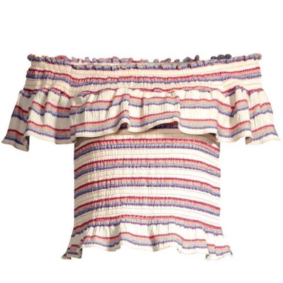 PARKER Lizette Smocked Crop Off the Shoulder Top Cabana Stripe Red Blue Sz Small - Picture 4 of 9